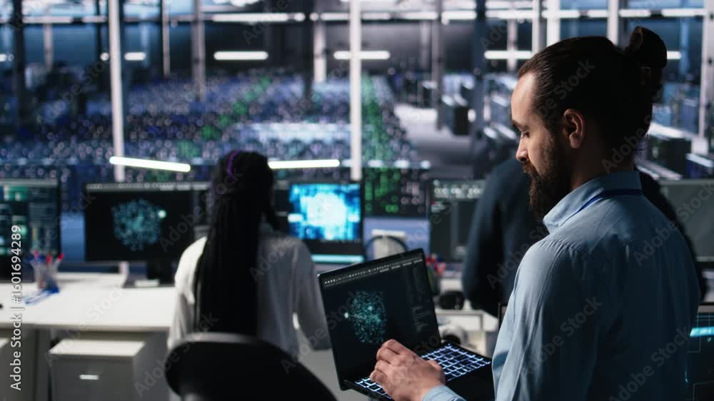 Fototapete server room technician using ai llm chatbot to review infrastructure diagnostics. it expert in data 