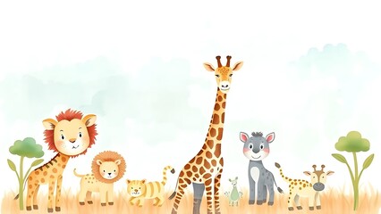 Obraz premium Soft pastel-toned watercolor safari animals in a gentle nursery wall art style.