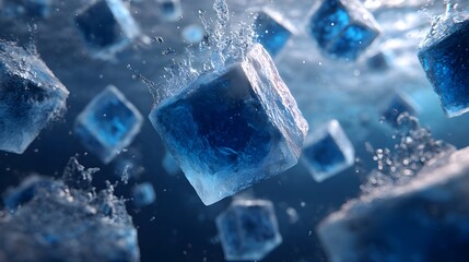 Abstract cubes floating in blue void invite thought-provoking geometric design exploration in minimalist digital art