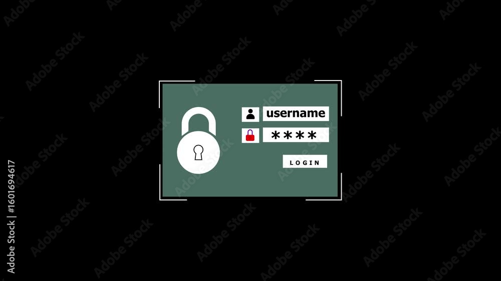Poster animated padlock username login screen security access digital privacy protection cyber. minimalist 