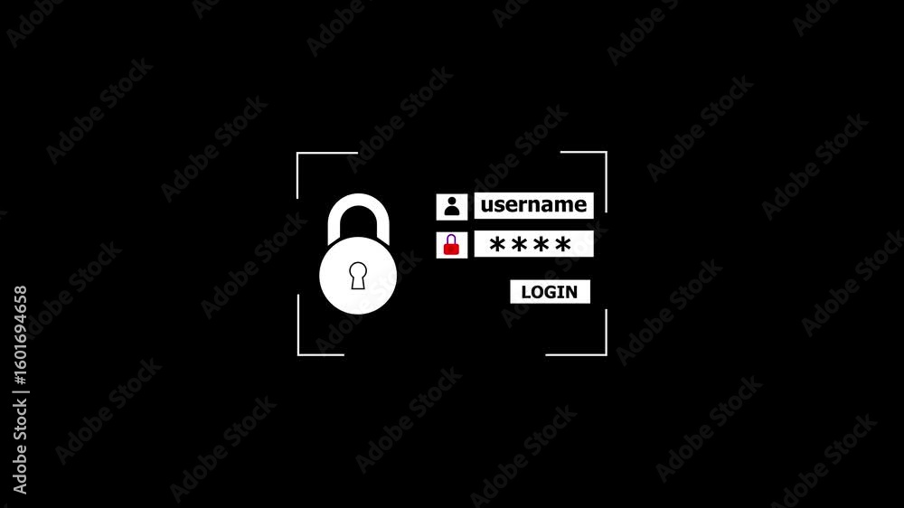 Poster animated login screen padlock security access username password digital interface technology. minima