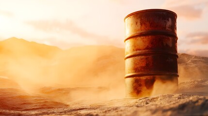 Vintage oil barrel stacked in sunlit desert conveys rustic industrial aesthetics blending minimalist landscape charm
