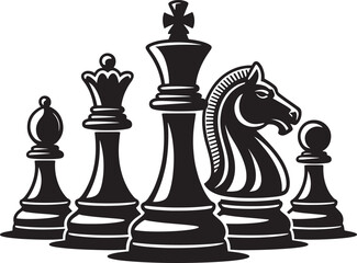 Iconic black chess pieces arranged together on a white background
