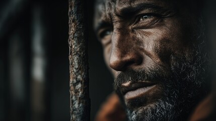 Old scary dark jail. A man with a serious expression and a beard looks intently into the camera. The dramatic lighting and close-up shot emphasize his rugged and intense demeanor.