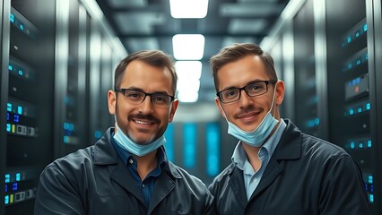 Two technicians working in a data center with server racks softly blurred behind them.