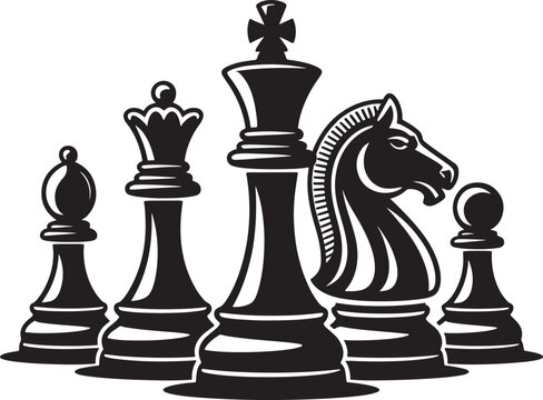 Iconic black chess pieces arranged together on a white background