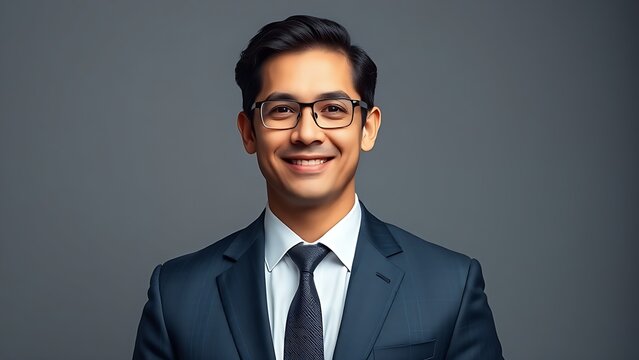 Confident business professional in formal attire, exuding professionalism and approachability in a neutral setting.