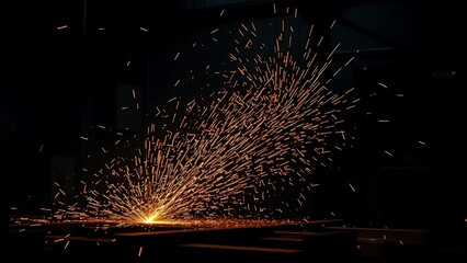 An industrial workshop with glowing sparks, showcasing dynamic energy in a dark environment.