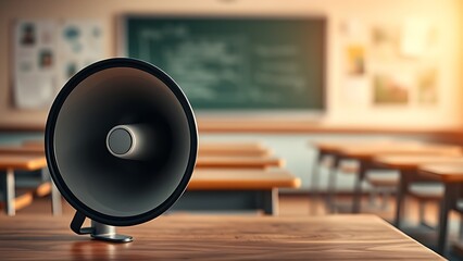 A megaphone sits on a wooden surface, with a softly blurred classroom in the background.