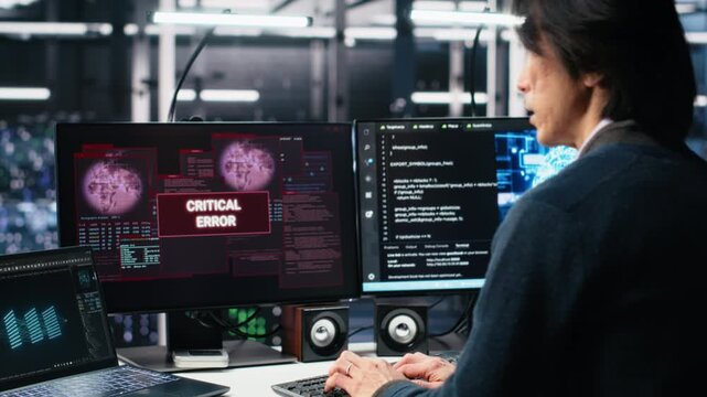 Team of engineers in data center struggles with malfunctions while using AI tools. Frustrated teamworking server hub colleagues try to fix system errors while using artificial intelligence, camera A