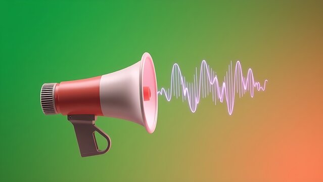 A 3D-rendered megaphone with abstract sound waves, set against a gradient green background.