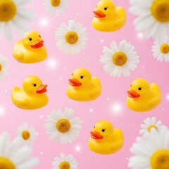 Eyelashed Rubber Ducks and Daisies Floating in a Sparkling Pink Dreamscape