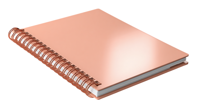 Spiral-bound notebook in peach tone with light shading, cartoon plastic 3D render, isolated on transparent background 