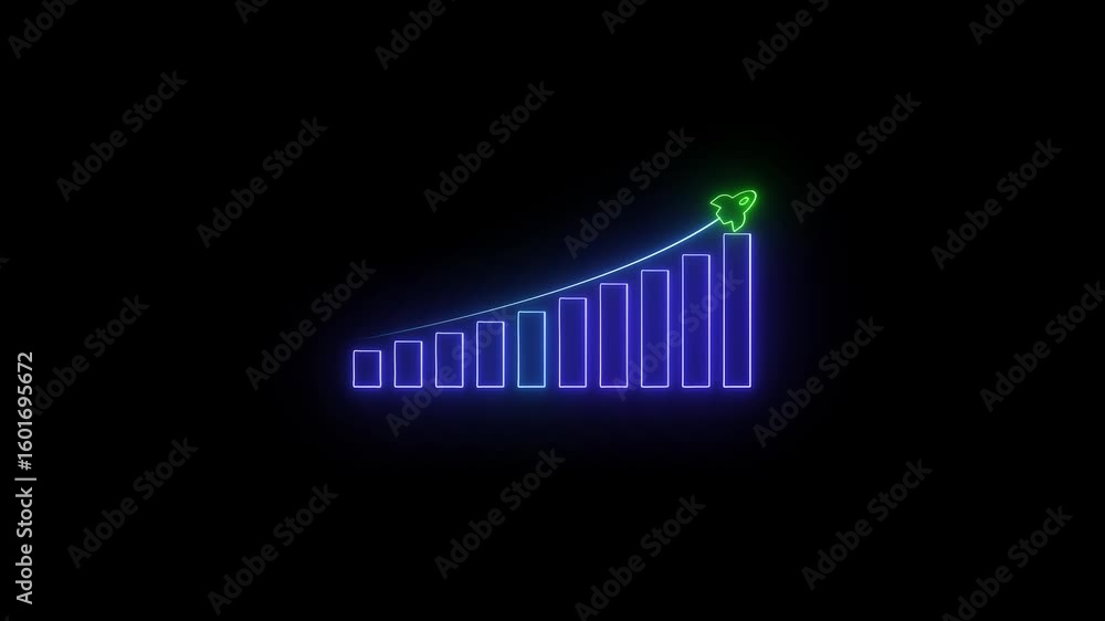 Poster neon growth chart animation rocket launch success business startup technology innovation progress. n