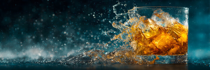 Premium tequila whiskey glass with ice cubes splash effect, dynamic liquid motion, luxury spirits presentation for modern beverage branding and advertising