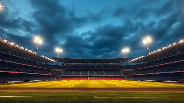 Empty soccer stadium at dusk with floodlights casting long shadows, evoking anticipation for the big game.