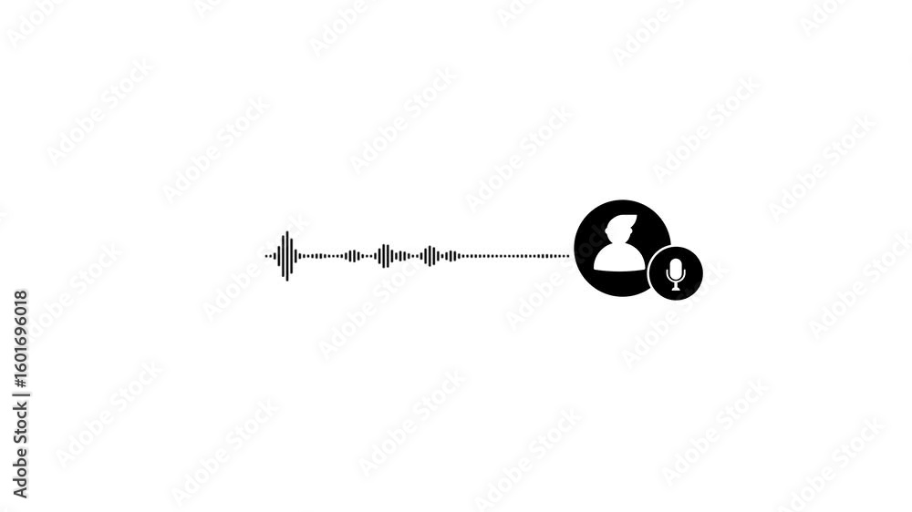 Poster animated voice recording audio waveform person profile microphone icon broadcast communication. prof