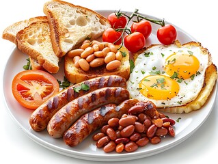 Full English breakfast with fried eggs, sausages, beans, and toast, photorealistic on white