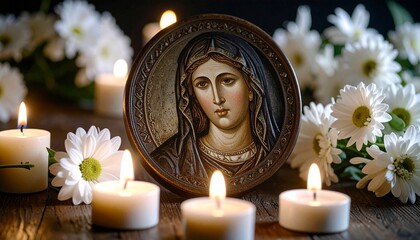 Sacred Marian Icon Surrounded by Lit Candles for Assumption of Mary Celebration