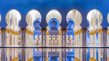 Sheikh Zayed Grand Mosque illuminated at night timelapse, Abu Dhabi, UAE.