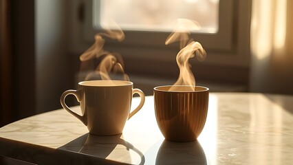 Steaming coffee cup on a marble table, morning sunlight highlighting the rising vapor and warmth.