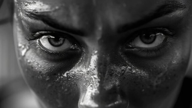 Female athlete with determined look, intense focus and sweat from a tough workout.