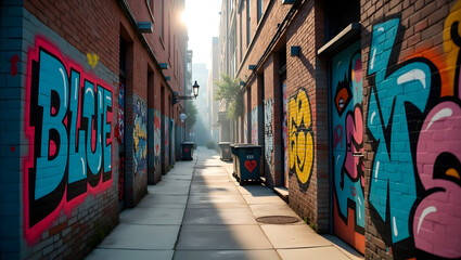 Fototapeta premium Urban alleyway with graffiti walls and soft shadows