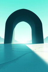 Surreal archway opening to a bright light in a dreamlike landscape