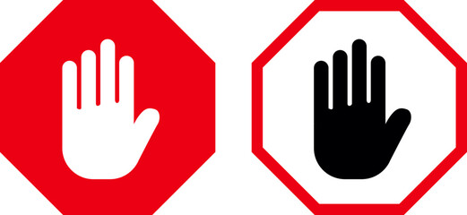 two stop or warning signs side by side, both using the symbol of a raised hand, palm facing forward