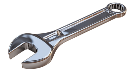 3D cartoon metallic wrench tool icon for maintenance and repair, isolated on transparent background 