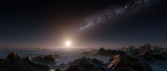 Galactic habitable zone with starry night sky and sunlight horizon