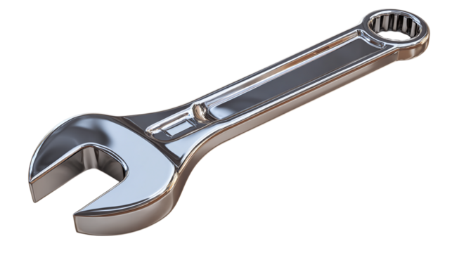 3D cartoon metallic wrench tool icon for maintenance and repair, isolated on transparent background 