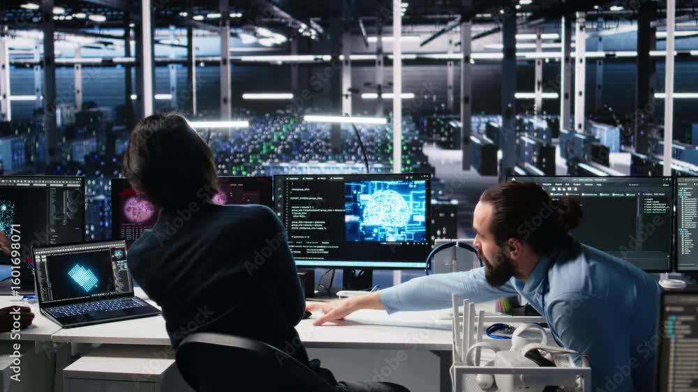 Poster data center team of engineers trying to fix critical error warning while using ai. server farm teamw