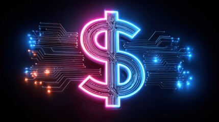 Obraz premium Integrated Concept of Banking Analysis. A glowing neon dollar sign with circuitry extending from both sides, symbolizing digital finance and electronic transactions.