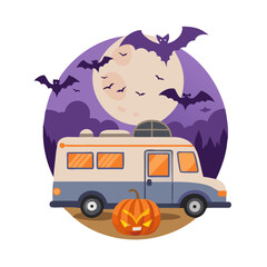 Vector art of a halloween themed camper van with bats flying in front of the moon isolated on white background