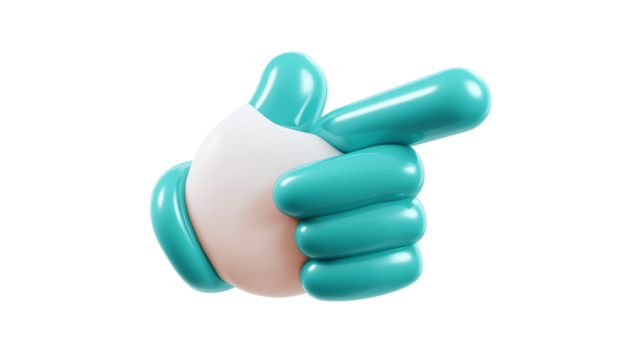 3D cartoon hand pointing gesture icon, business and UI illustration, plastic style, isolated on transparent background