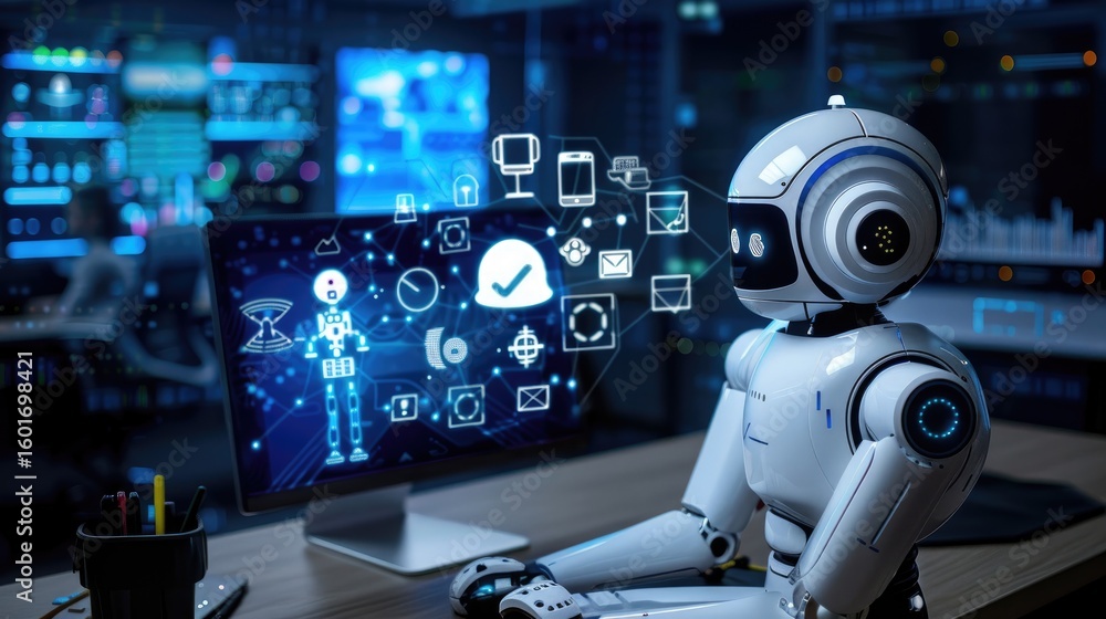 Poster a humanoid ai agent acting as tech support to a user on a computer, symbolizing the future of work a