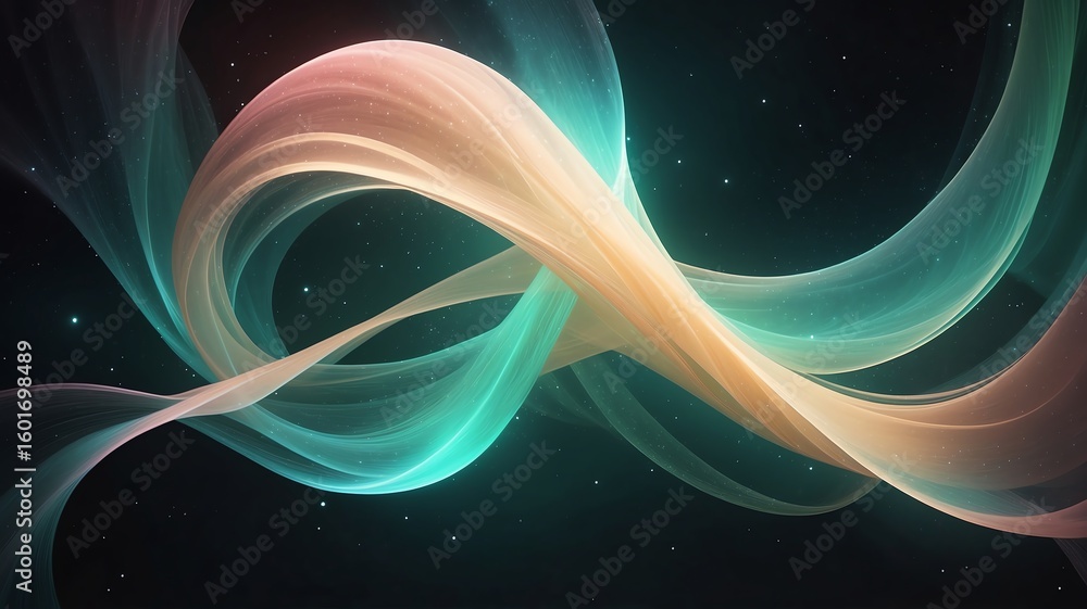 Poster abstract flowing light forms with a swirling design against dark background