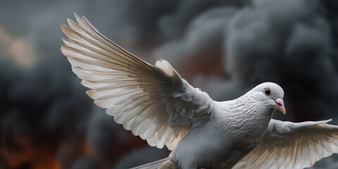 Obraz premium A white dove flies gracefully against a backdrop of dark, billowing smoke. The contrast between the dove and the smoke evokes themes of peace and turmoil.