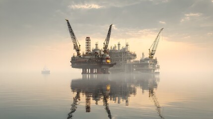 Obraz premium Explore the Majestic Floating Oil Refinery Barge Drifting Offshore Against a Dramatic Oceanic Horizon View