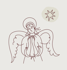 Angel with halo in prayer gesture, divine being with wings looking down, religious concept for Christmas and holiday graphic. Vector line art hand drawn  illustration.