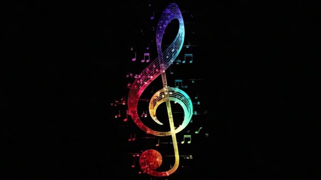A vibrant, iridescent treble clef on a dark background. Music concept and symbol