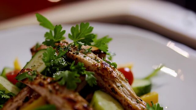 Overhead K dolly highlights chargrilled chicken atop crisp salad luminous bs pepper dust sparkling beneath festive bokeh crafting mouth watering o imagery food delivery ads holiday cooking