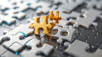 Golden and silver puzzle pieces coming together, symbolizing business unity and strategic collaboration