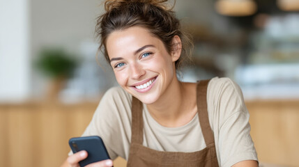 Young woman scanning qr code in bright cafe for modern digital payment experience