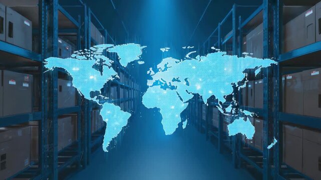 Global distribution, brightly illuminated, detailed world map over stacked boxes and racks inside an industrial warehouse