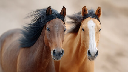 Obraz premium Horses racing neck and neck in intense beach scene