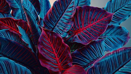 Lush collage red cobalt tropical leaves ripples gently under moving light providing fashion houses travel vlogs NFT art drops exotic K animated tapestry rich jungle