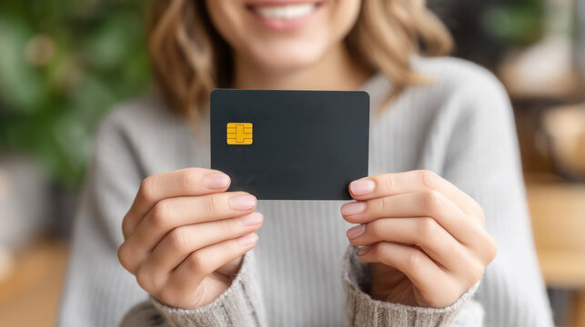 Hands presenting crypto debit card for digital transactions and contactless payments