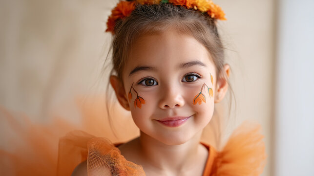 Charming girl with pumpkin face paint and orange tulle dress for halloween fun